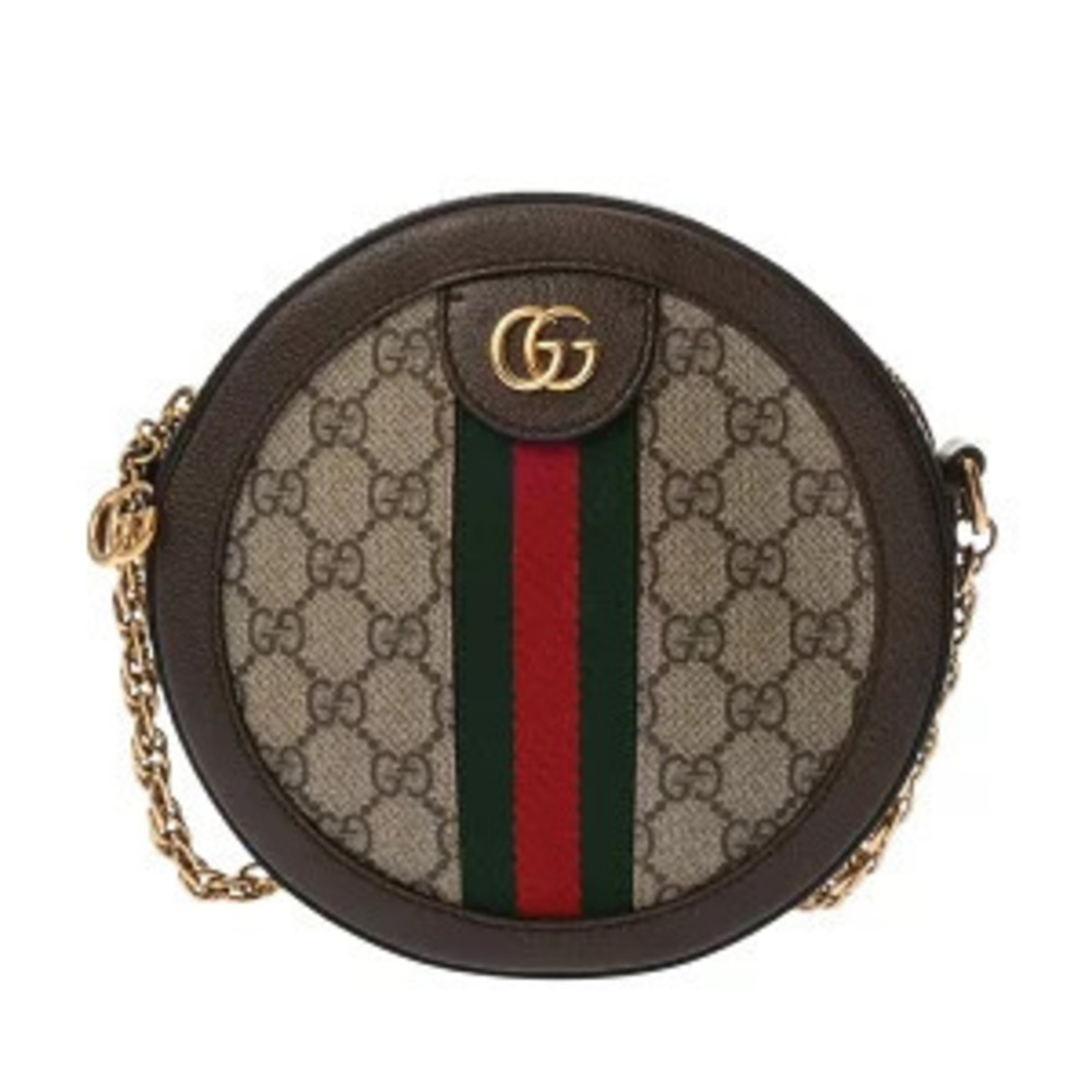 Gucci Ophidia Round Shoulder Bag Beige Ebony Brown Leather GG Supreme